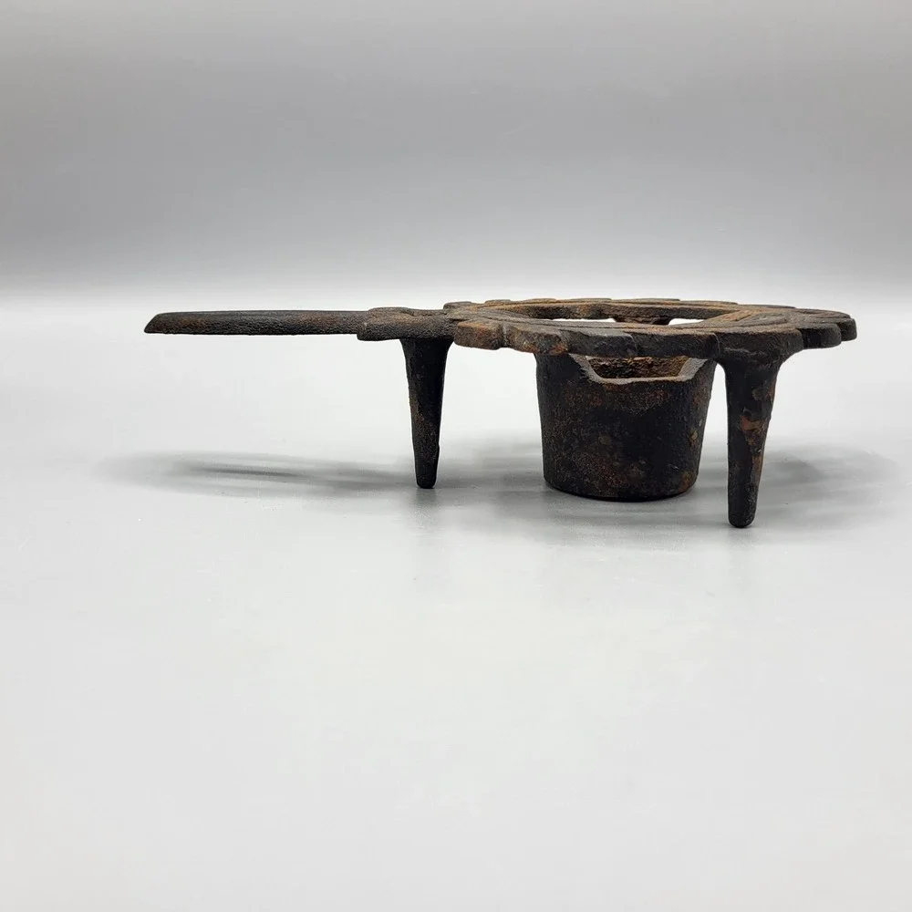 Vintage Cast Iron Trivet Footed Candle Holder Leaf Scroll Design Black Brown